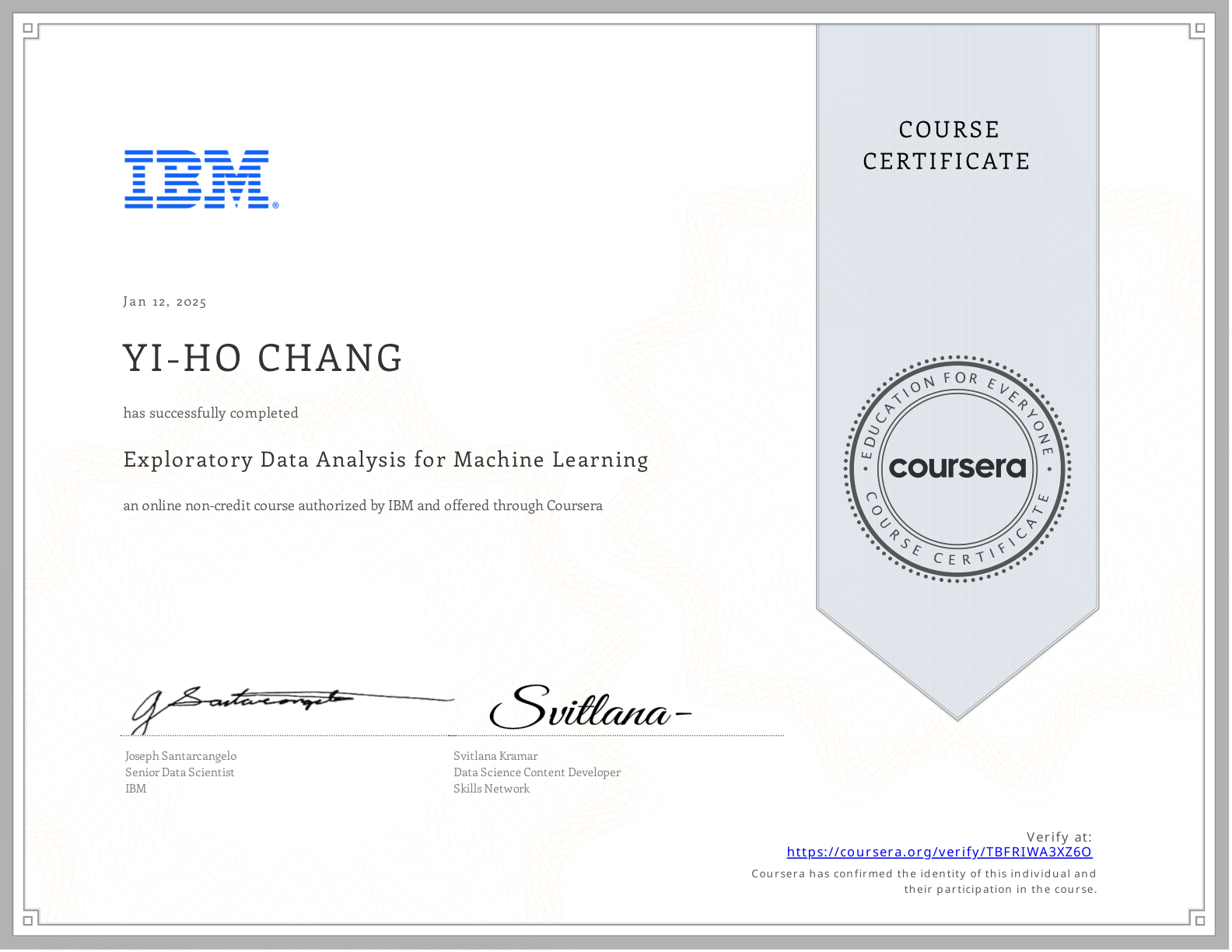 Exploratory Data Analysis for Machine Learning certificate