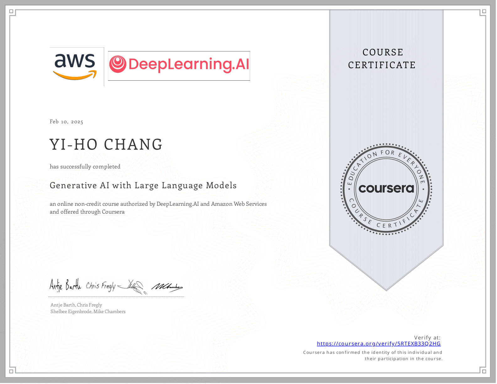 Generative AI with Large Language Models certificate
